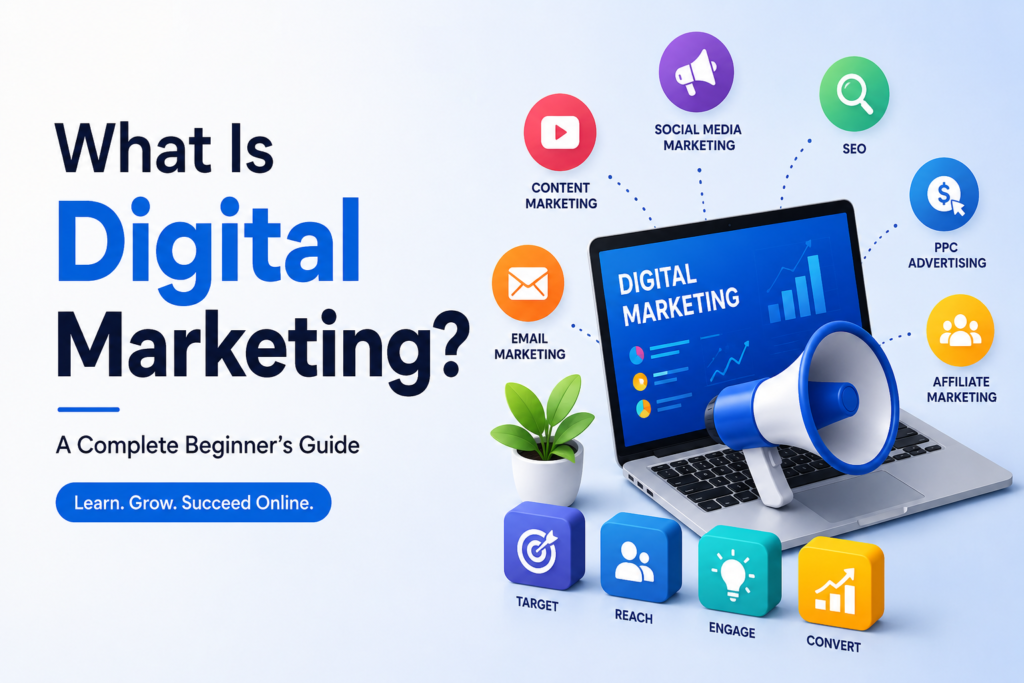 What Is Digital Marketing? A Complete Beginner’s Guide What Is Digital Marketing complete beginner guide with SEO, social media marketing, content marketing, email marketing, PPC advertising and affiliate marketing concepts.