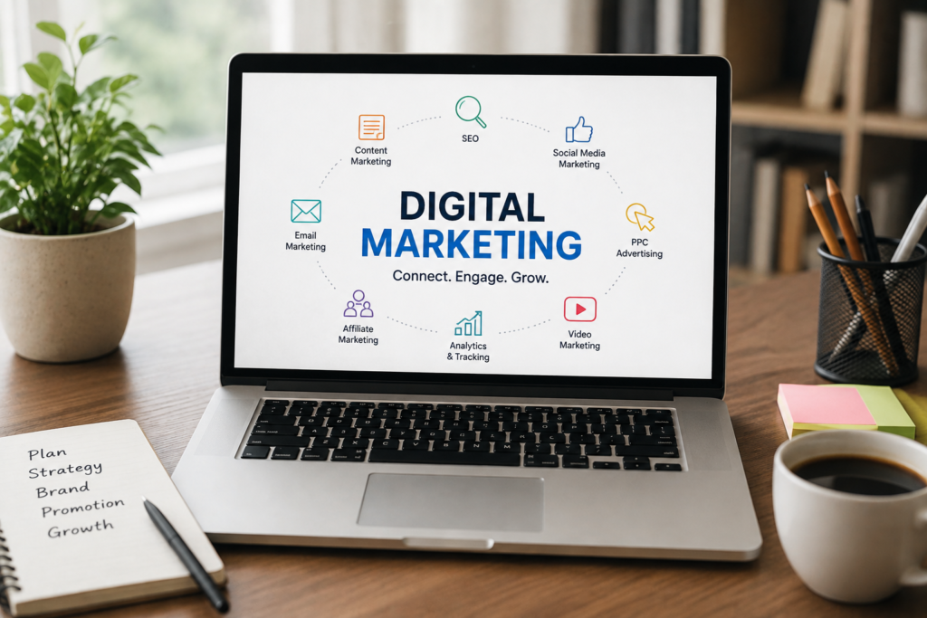 What Is Digital Marketing? A Complete Beginner’s Guide Digital marketing workspace showing laptop with SEO, social media, email marketing, PPC advertising and analytics strategy on screen.