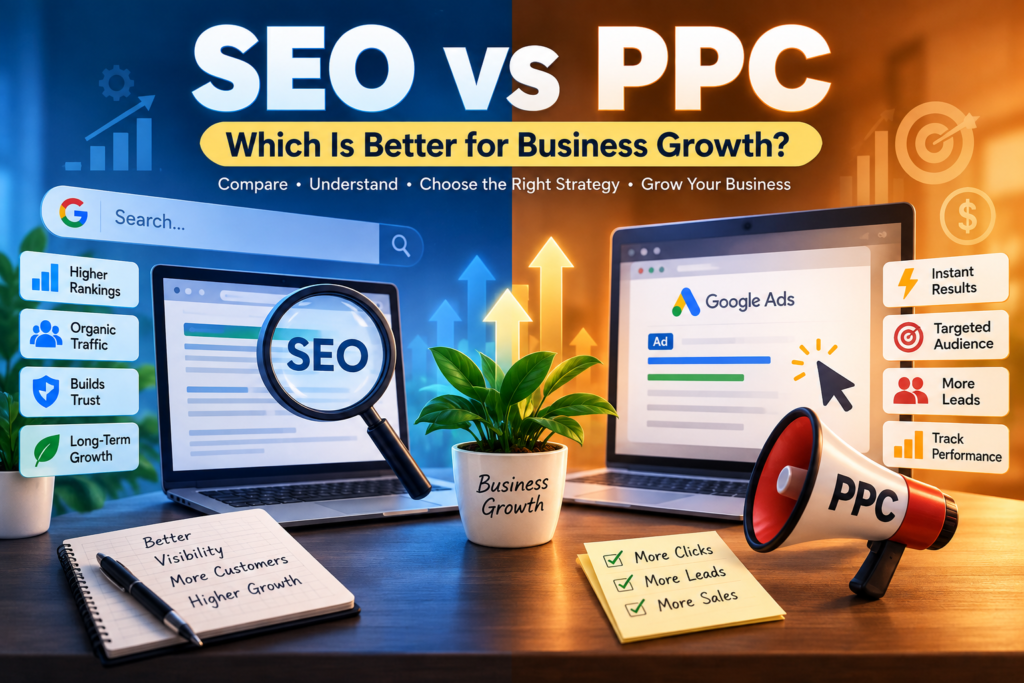 A side-by-side comparison image of SEO and PPC. On the left SEO is shown with focus, on traffic, higher search rankings, building trust and long-term business growth. On the right PPC is displayed with Google Ads, results, precise audience targeting and effective lead generation for faster business growth.