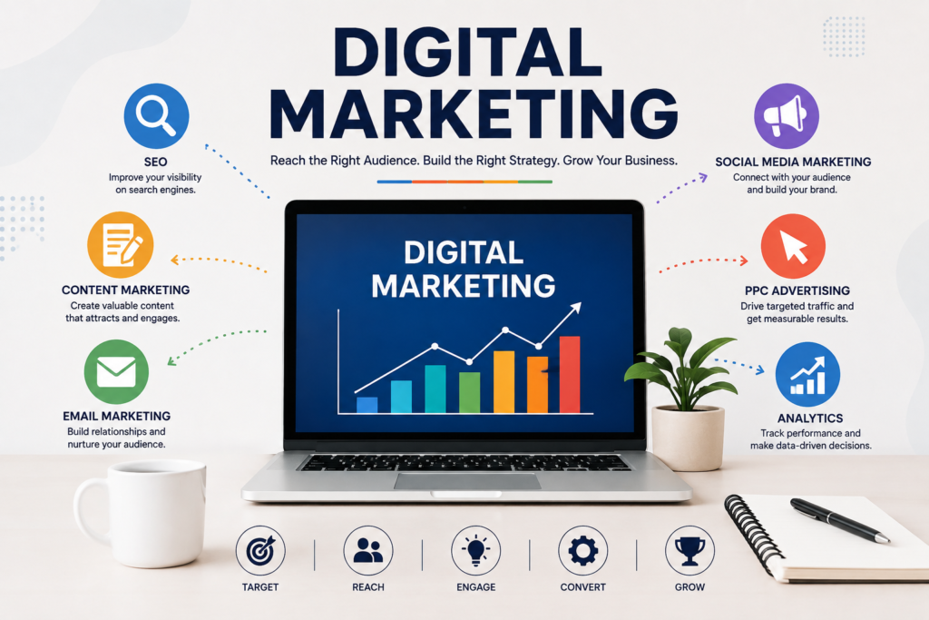 What Is Digital Marketing? A Complete Beginner’s Guide Digital marketing infographic illustrating SEO, content marketing, email marketing, social media marketing, PPC advertising and analytics for business growth.